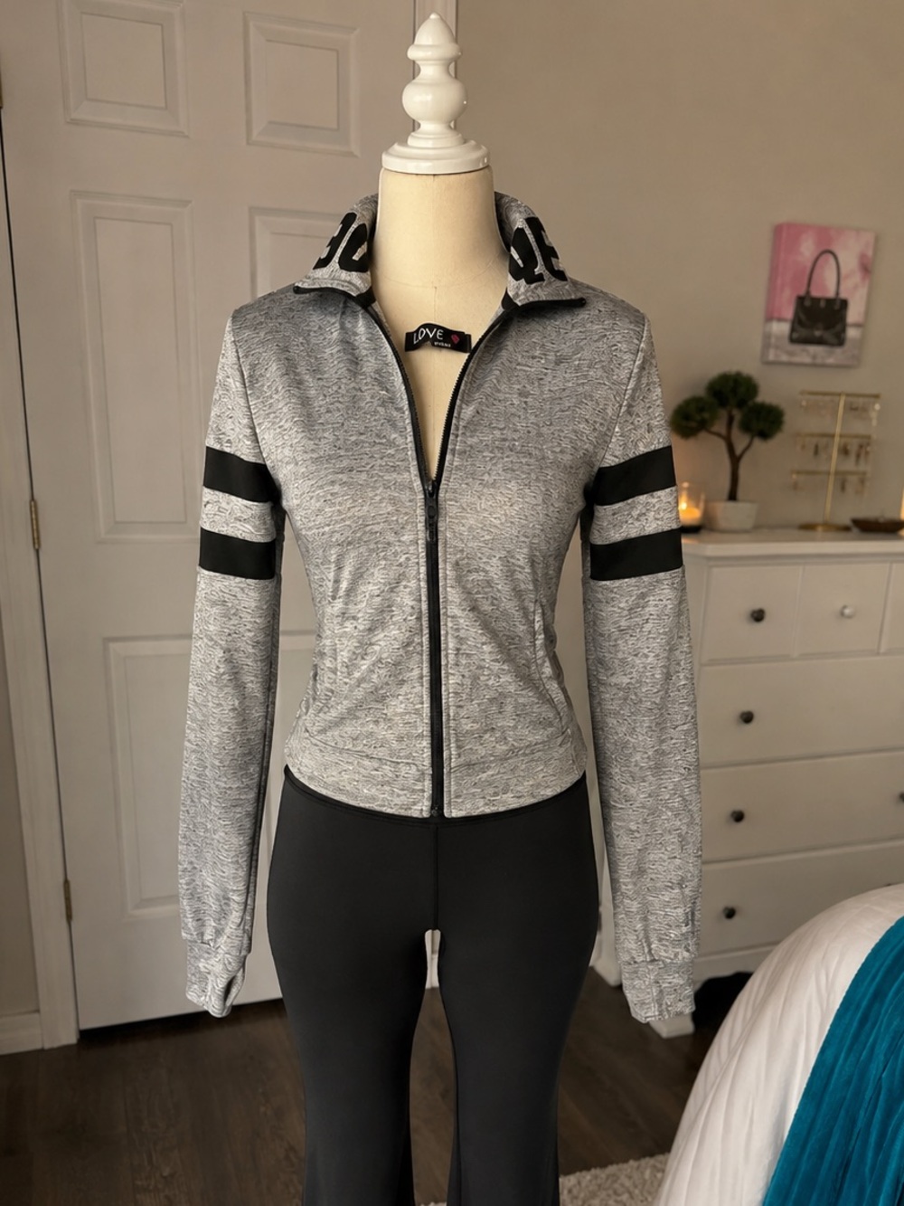 Love Gray Zip-Front Jacket with Black Sleeve Stripes